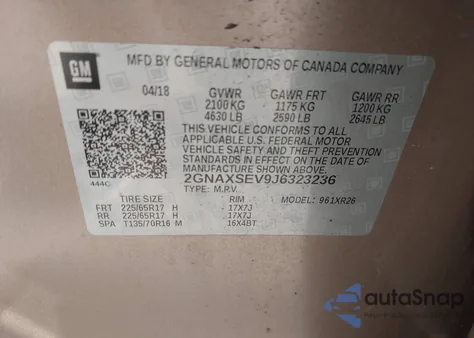 2018 Chevrolet Equinox Lt из США, поврежденный, VIN 2GNAXSEV9J6323236